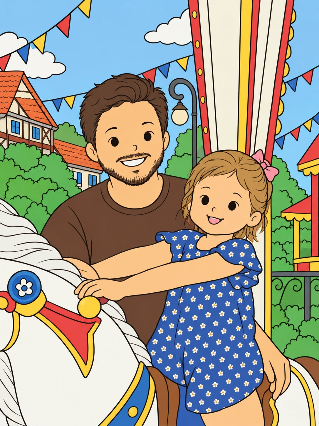 Desenho colorido: pai e filha no carrossel